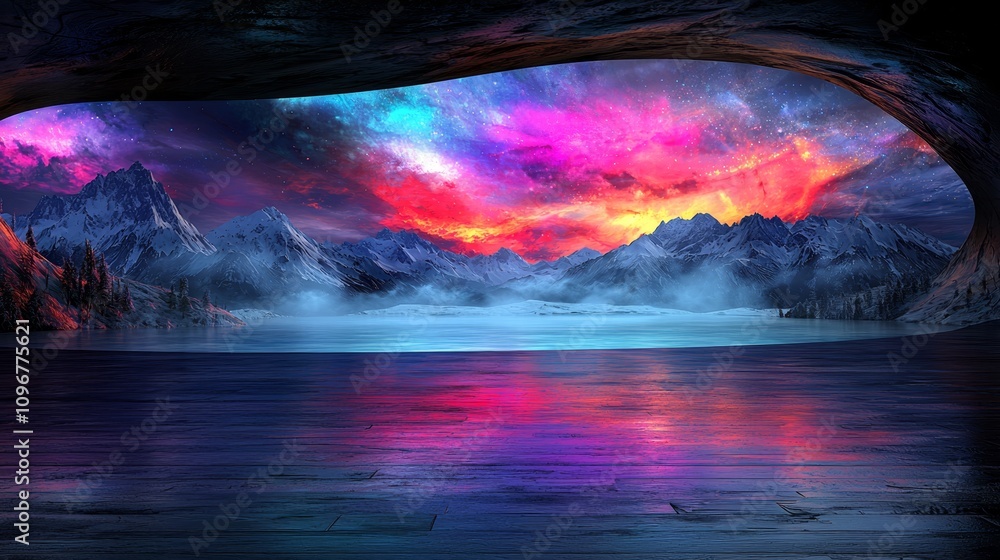 A cave with a view of a mountain range and a lake A cave with a view of a mountain range and a lake