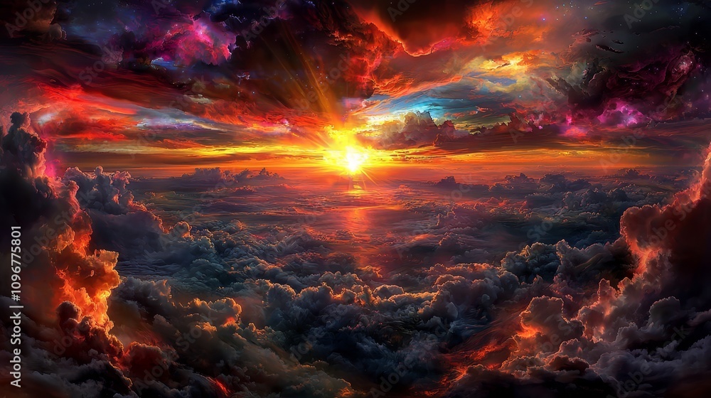 A painting of a sunset over a cloudy sky A painting of a sunset over a cloudy sky
