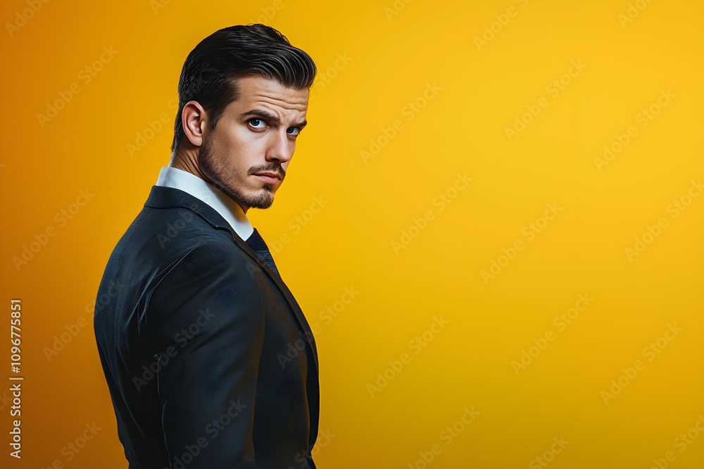 Obraz premium Confident man in suit poses against bright yellow background