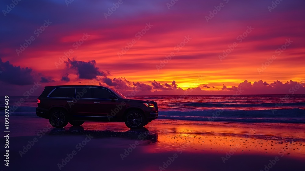 Fototapeta premium Luxury SUV Parked on Beach at Vibrant Sunset for Summer Road Trip Vacation