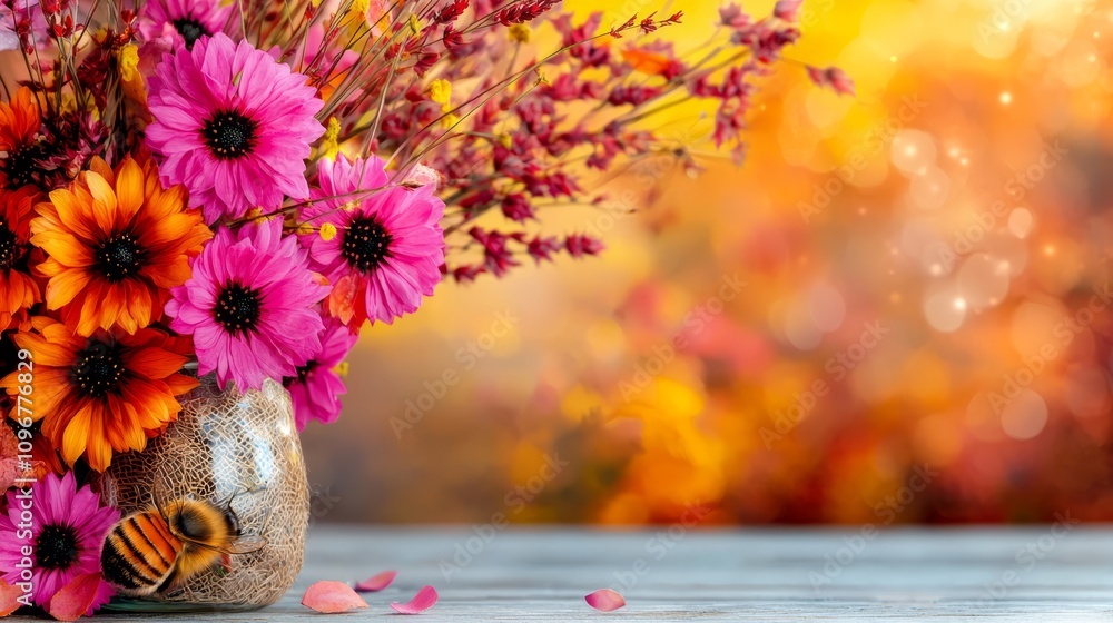 custom made wallpaper toronto digitalA vase filled with pink and orange flowers on a wooden table