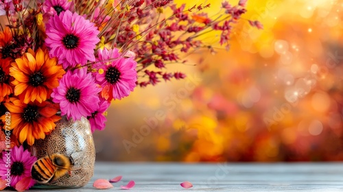 Wallpaper Mural A vase filled with pink and orange flowers on a wooden table Torontodigital.ca