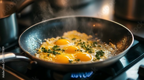 Close up of Plant based Egg Substitute Cooking on Smart Stovetop Innovative Alternative Food