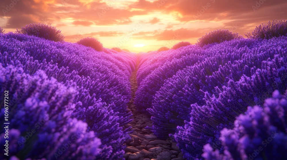 Fototapeta premium Lavender Sunset Serenity: A Tranquil Path Through Purple Fields