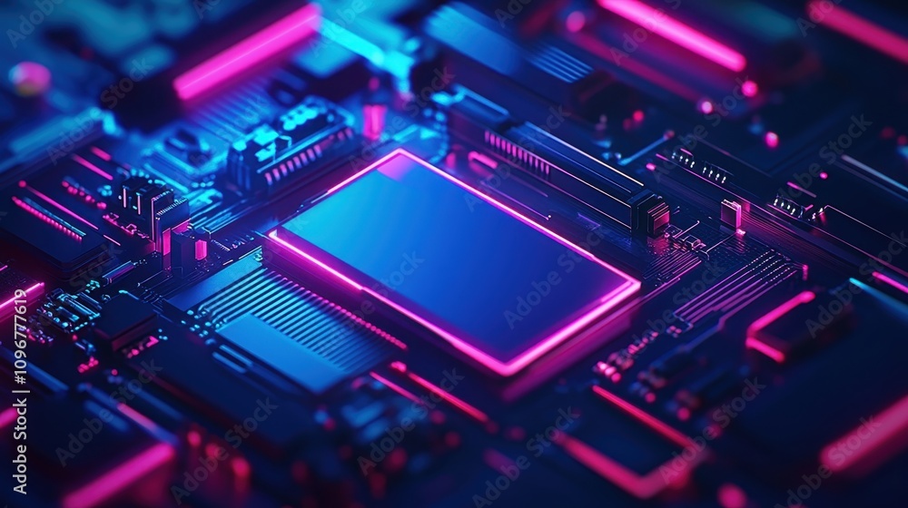 Neon circuit board with glowing microchips	