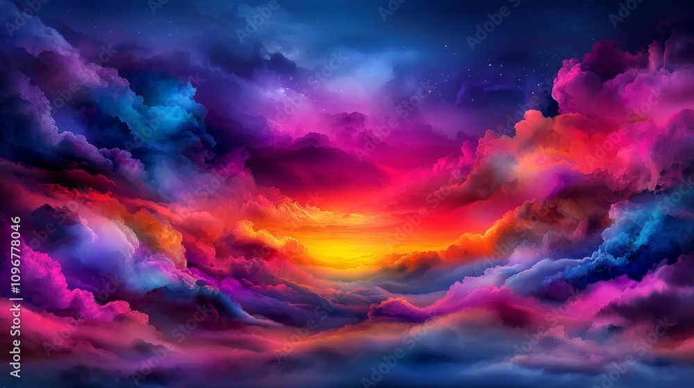 Naklejka premium A colorful sunset with clouds and stars in the sky