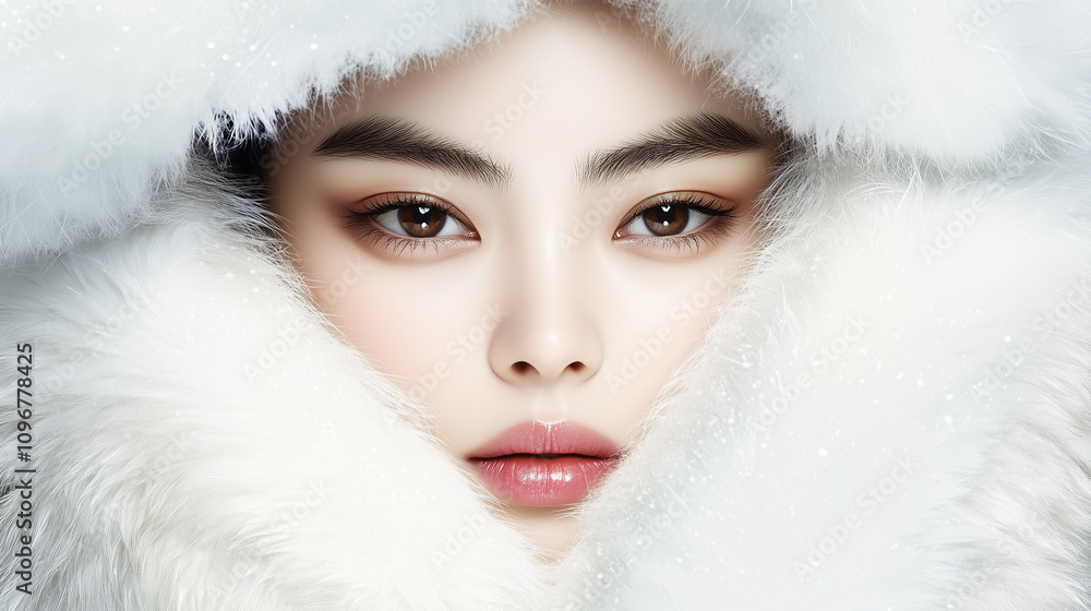 A gorgeous Asian model enveloped in luxurious white fur, radiating sophistication and timeless winter beauty. A gorgeous Asian model enveloped in luxurious white fur, radiating sophistication and timeless winter beauty.