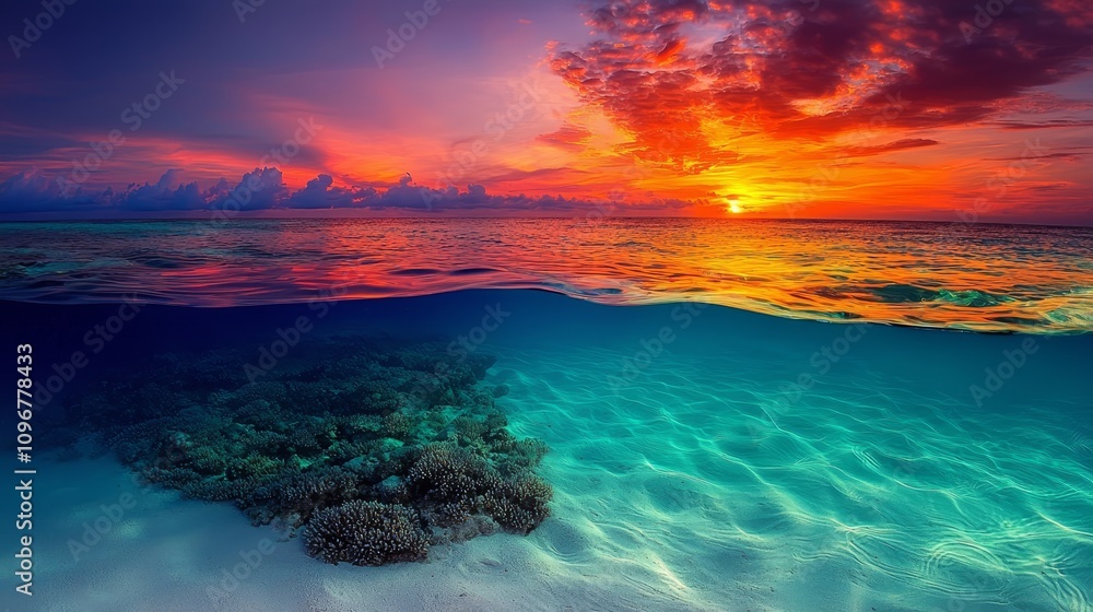 Fototapeta premium A beautiful sunset over the ocean with a coral reef in the foreground