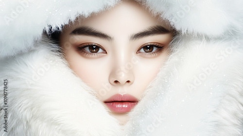 A gorgeous Asian model enveloped in luxurious white fur, radiating sophistication and timeless winter beauty.