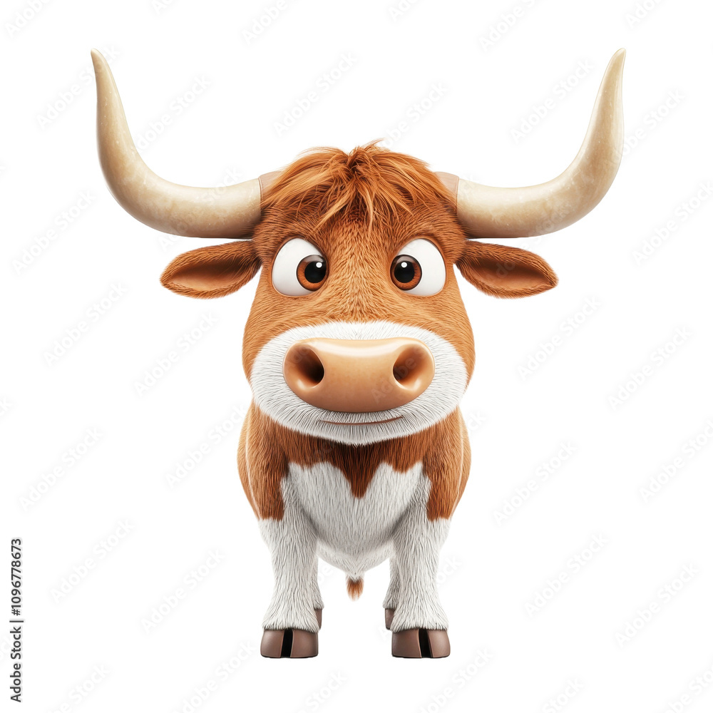 A charming 3D rendered cartoon bull with large horns looks directly at the viewer with a friendly expression. A charming 3D rendered cartoon bull with large horns looks directly at the viewer with a friendly expression.