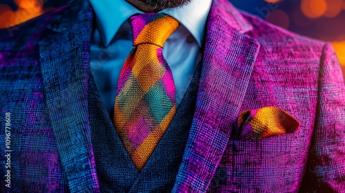 A man in a suit with a colorful tie and pocket square