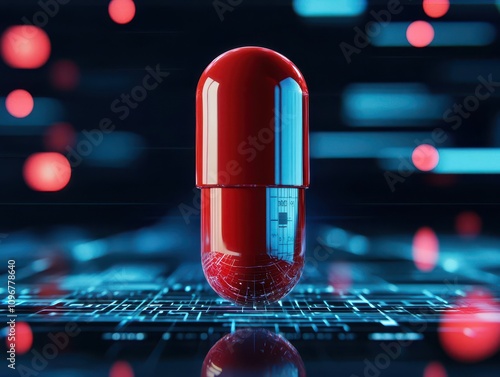 Capsule dosage system, futuristic blueprint charts, 3D illustration photo