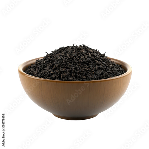 A wooden bowl is filled with a generous amount of dark loose leaf black tea leaves.