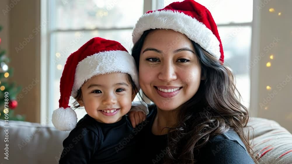 A joyful latina mother and her smiling baby, both wearing Santa hats, share a warm moment in a festive living room adorned with Christmas decorations in this close-up video footage. A joyful latina mother and her smiling baby, both wearing Santa hats, share a warm moment in a festive living room adorned with Christmas decorations in this close-up video footage.