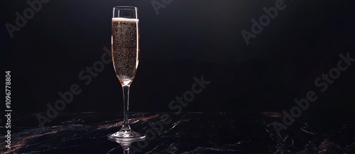 A sparkling drink in a tall glass against a dark background.