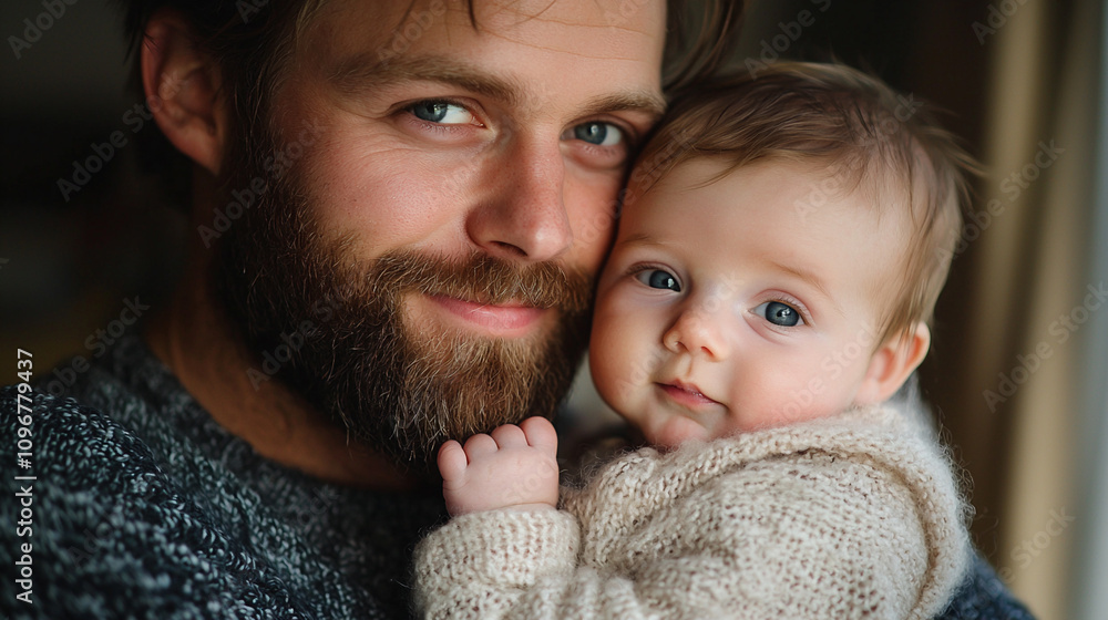 Young father holds his newborn in a cozy indoor setting with warm lighting Young father holds his newborn in a cozy indoor setting with warm lighting