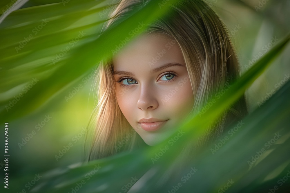 Fototapeta premium Young caucasian female amidst lush greenery with serene expression