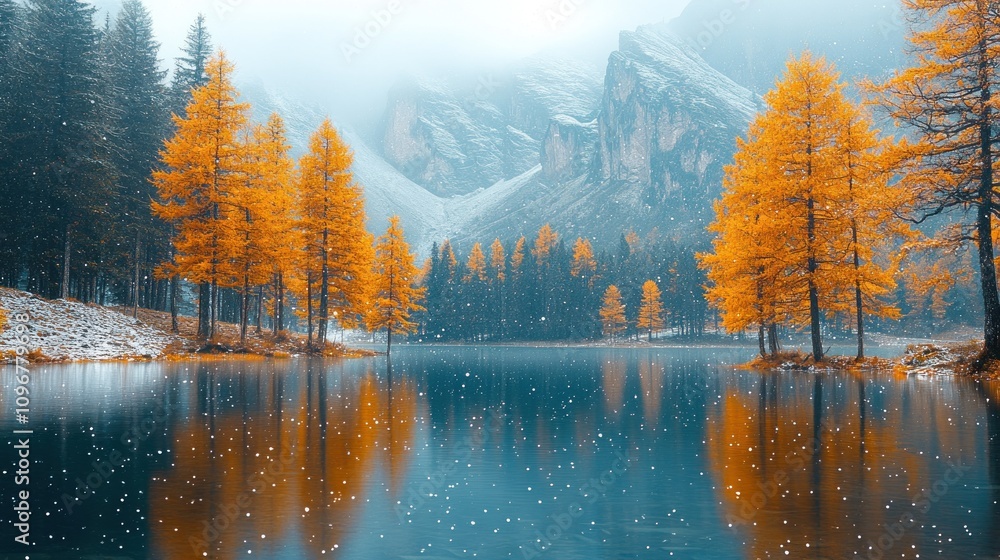Naklejka premium Autumnal Serenity: Golden Larch Trees Reflecting in a Calm Lake During a Light Snowfall