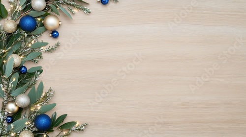 Festive Christmas Wreath with Ornaments and Twinkling Lights on a Wooden Background