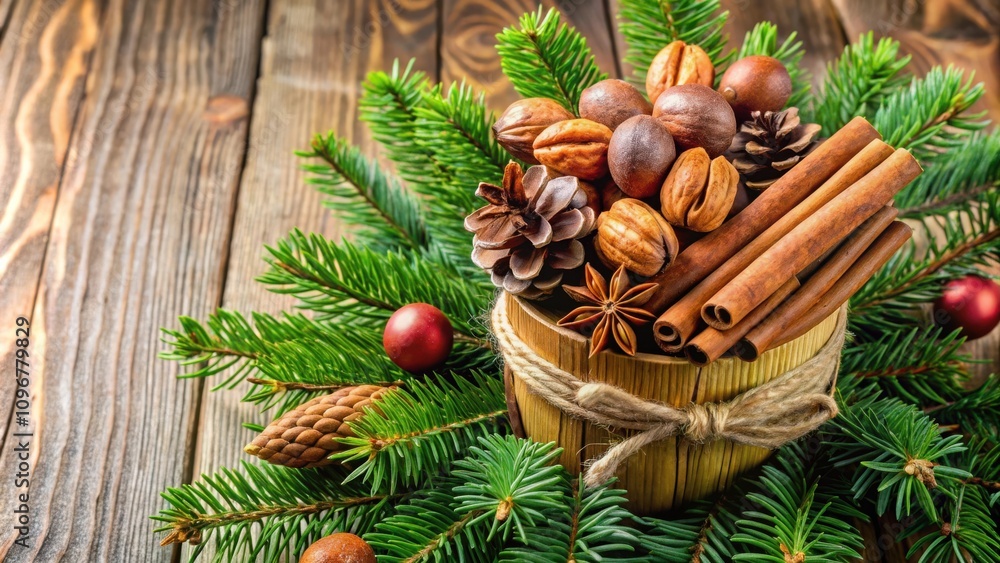 A festive wooden bowl filled with cinnamon sticks, star anise, nuts, and pine cones nestled in a bed of evergreen branches. A festive wooden bowl filled with cinnamon sticks, star anise, nuts, and pine cones nestled in a bed of evergreen branches.