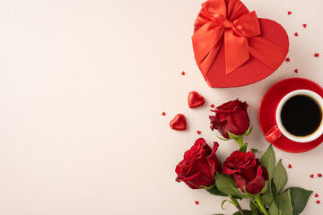 Romantic Valentine's day setup featuring red roses, heart-shaped gift box, and coffee cup on a light background