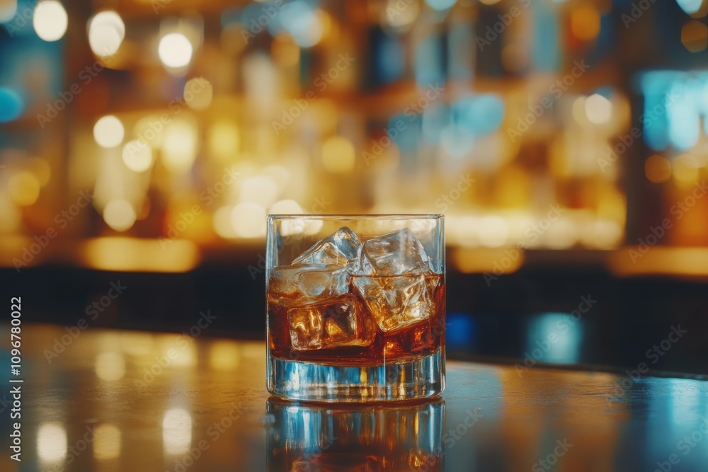 Glass of whisky with ice on bar counter in cozy ambient lighting Glass of whisky with ice on bar counter in cozy ambient lighting