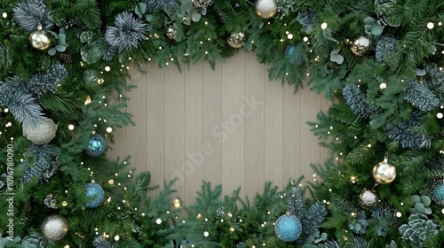 Festive Christmas Wreath with Ornaments and Twinkling Lights on a Wooden Background