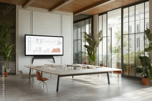 Modern office space with a large screen displaying data and a stylish meeting table.