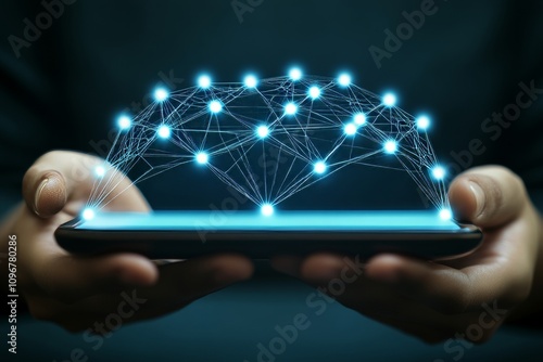 Hands holding smartphone with digital network concept photo