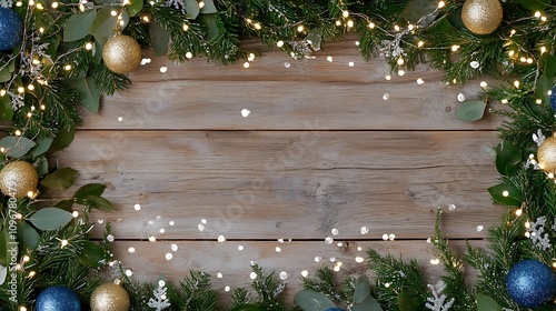 Festive Christmas Wreath with Ornaments and Twinkling Lights on a Wooden Background