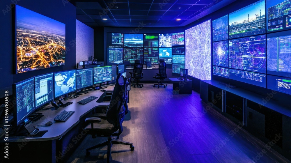 Modern control room with multiple monitors displaying data and maps. Modern control room with multiple monitors displaying data and maps.