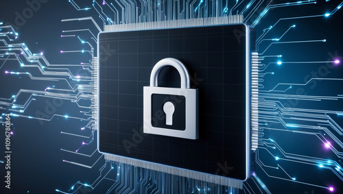 A futuristic cybersecurity concept with a digital lock symbol at the center, representing the protection of personal data.