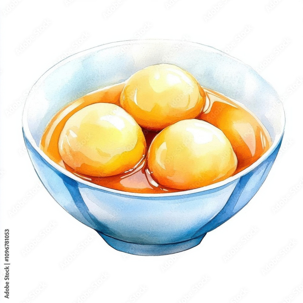 Watercolor illustration clipart of a bowl of longevity noodles garnished with green onions and chili, isolate on white background Watercolor illustration clipart of a bowl of longevity noodles garnished with green onions and chili, isolate on white background