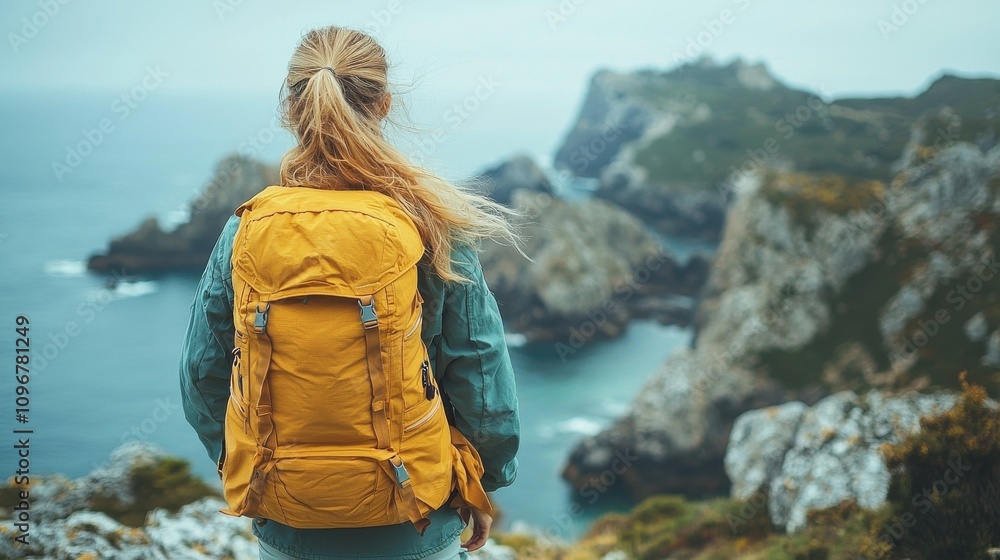 Fototapeta premium Woman with yellow backpack enjoys coastal view on a cloudy day in a rugged landscape