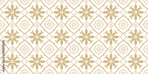 Vector floral seamless pattern with ethnic folk motifs. Simple gold and white abstract geometric ornament texture with cute flowers, repeat tiles. Retro style background. Golden repeated geo design