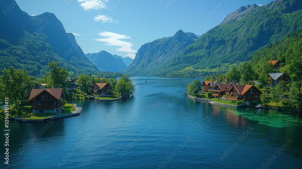 Fototapeta premium Mountain lake with cottages surrounded by lush greenery at midday in a serene landscape