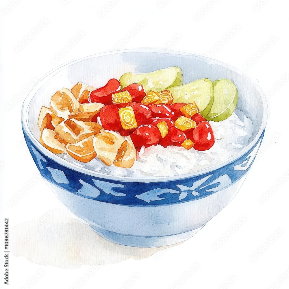 Watercolor illustration clipart of a Lunar New Year rice bowl with auspicious red and gold toppings, isolate on white background Watercolor illustration clipart of a Lunar New Year rice bowl with auspicious red and gold toppings, isolate on white background