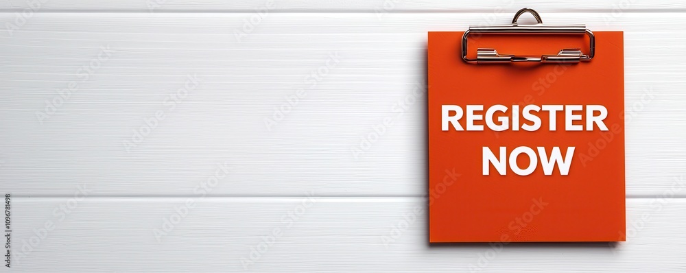 Naklejka premium Register submission conceptual. A vibrant orange clipboard displays 