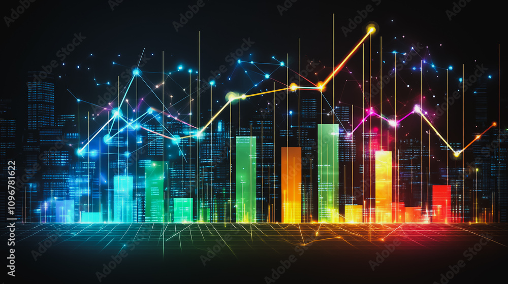 Abstract black background with Colorful charts and graphs with statistics to innovative analyze business potential and forecast future development of companies growth. Abstract black background with Colorful charts and graphs with statistics to innovative analyze business potential and forecast future development of companies growth.