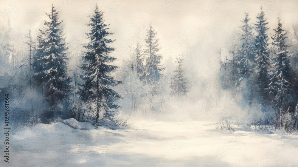 Misty winter forest scene with snow-covered ground and tall evergreen trees. (1) Misty winter forest scene with snow-covered ground and tall evergreen trees. (1)