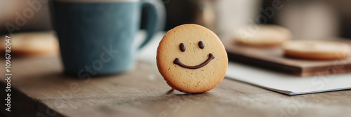 A charming cookie displaying a happy face leans against a blue coffee cup on a wooden table, embodying joy and comfort in a cozy setting.