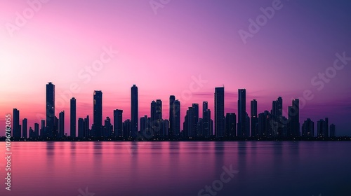 A stunning skyline at twilight, showcasing tall buildings silhouetted against a vibrant purple and pink sky reflected on calm waters.