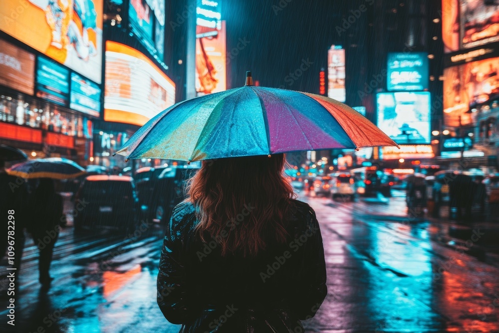 Female in rainy times square at night with colorful umbrella Female in rainy times square at night with colorful umbrella