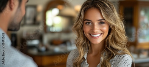 Portrait of a smiling woman with blonde hair in a home setting