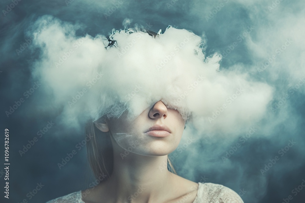 Female with clouded vision; young adult caucasian woman partially obscured by misty cloud Female with clouded vision; young adult caucasian woman partially obscured by misty cloud