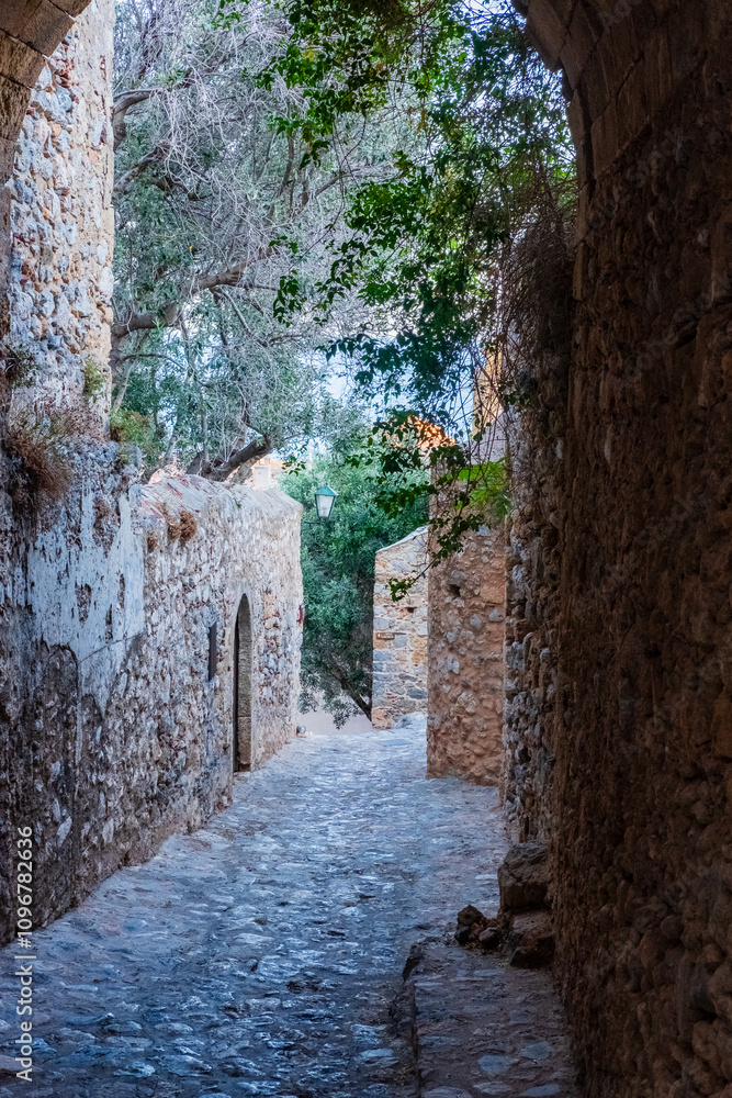Fototapeta premium Stone alleyway in Monemvasia castle city in the Mediterranean with greenery