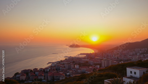 Panoramic view coastal city under picturesque golden sunset. Orange sundown isolated highlighted by white, png photo