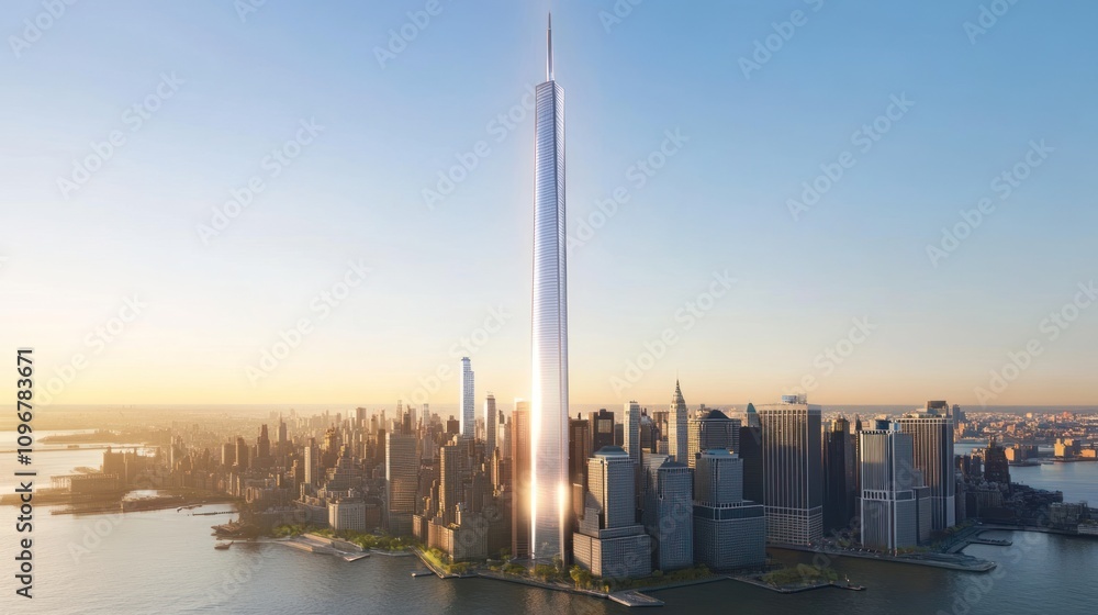 Naklejka premium A futuristic skyline featuring a towering skyscraper amidst a vibrant cityscape.