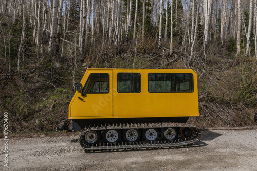 Принти на полотні Retro historic snow cat - a large, enclosed vehicle with tracks designed to travel on snow and rough terrain used in backcountry skiing sports
