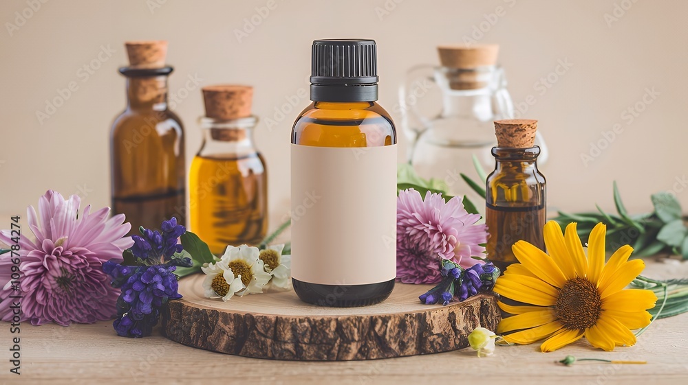 A hair oil bottle mock-up with a blank surface, surrounded by flowers and natural oils 3d illustration. A hair oil bottle mock-up with a blank surface, surrounded by flowers and natural oils 3d illustration.